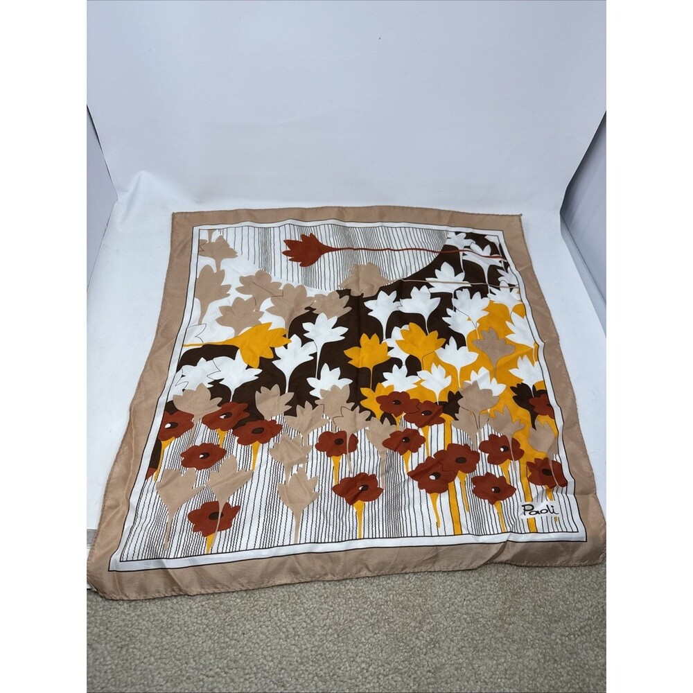 PAOLI Vintage Acetate Earthtones Floral Scarf 23" x 23" Made in Japan